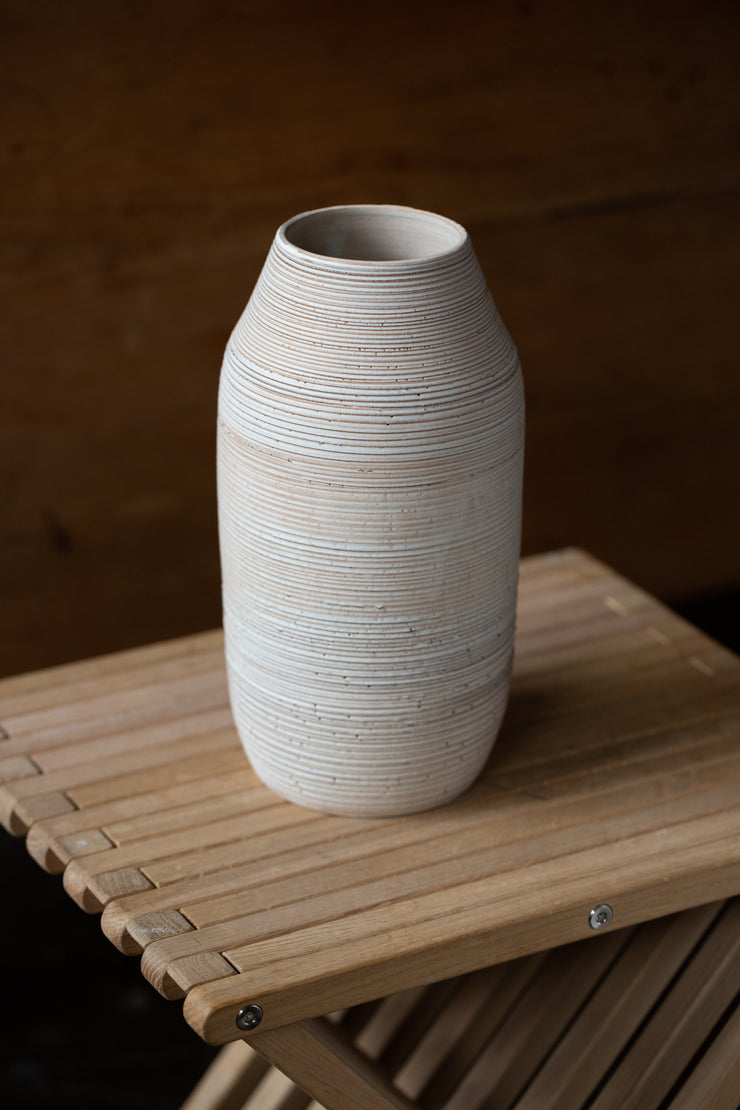 Olive Ridged Stoneware Vase - Matte Grey