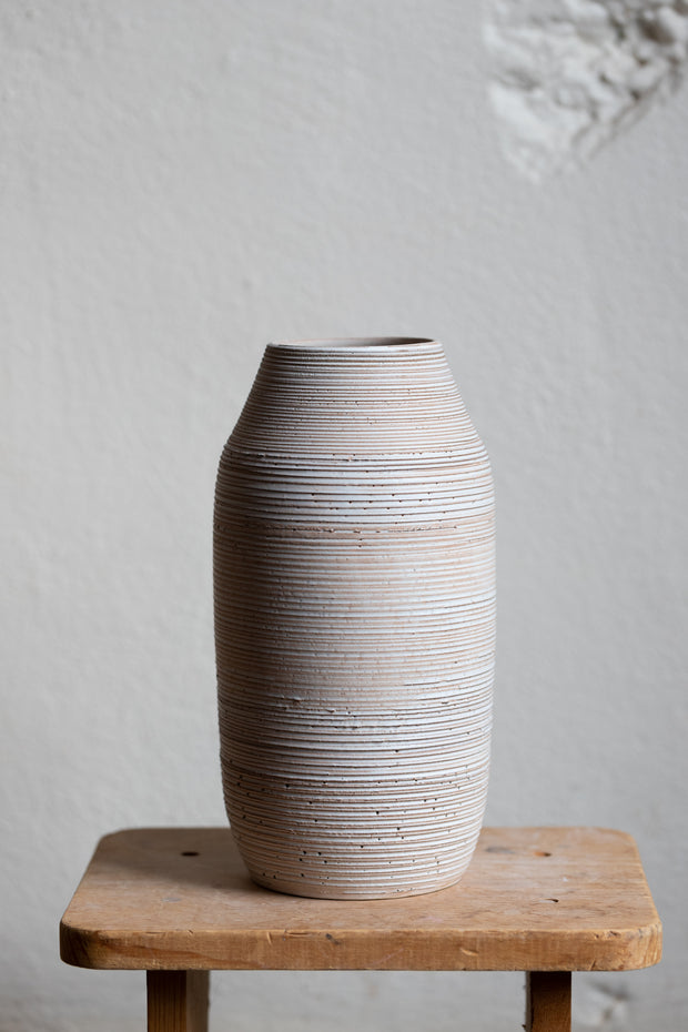 Olive Ridged Stoneware Vase - Matte Grey